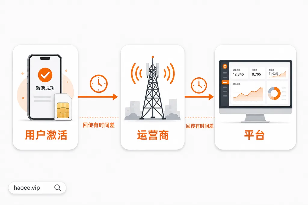 号易激活状态回传:用户激活 → 运营商 → 平台,有时间差 号易激活状态回传流程:激活后上报运营商再回传平台存在时间差 - haoee.vip