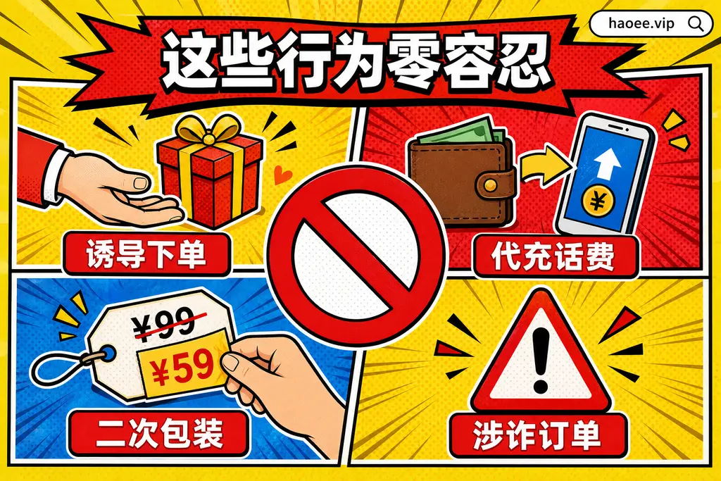 号易零容忍的违规行为:诱导下单、代充、二次包装、涉诈单 号易严禁的推广行为:诱导下单、代充话费、二次包装、涉诈订单 - haoee.vip