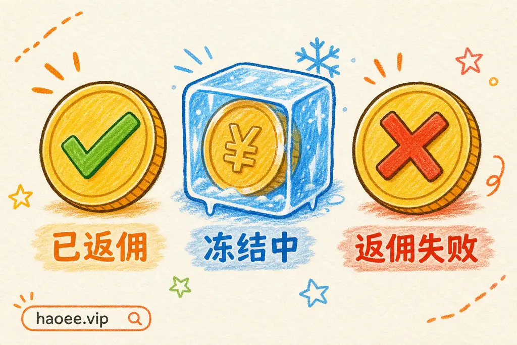 号易佣金的三种状态：已返佣、冻结中、返佣失败 - haoee.vip